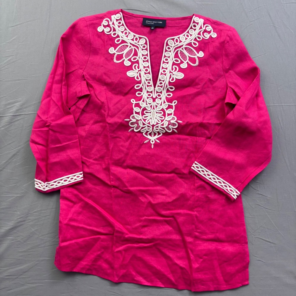 Jones New York Signature Pink Linen Embroidered Tunic‎ Top Small Fuchsia Boho